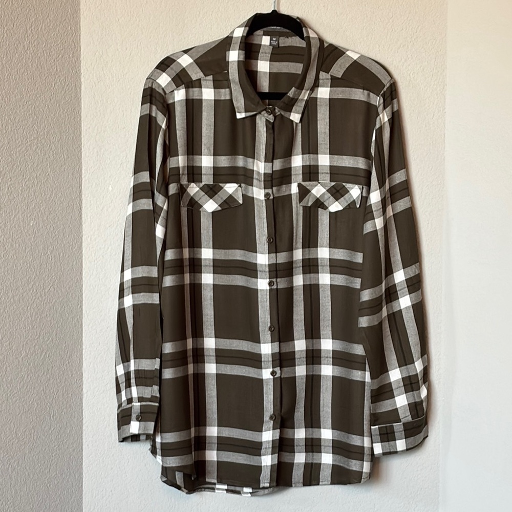 Alexander Jordan Plaid Blouse 1X Olive Green Hi Low